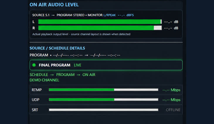 VaanPlay demonstration audio meters and RTMP UDP SRT output indicators