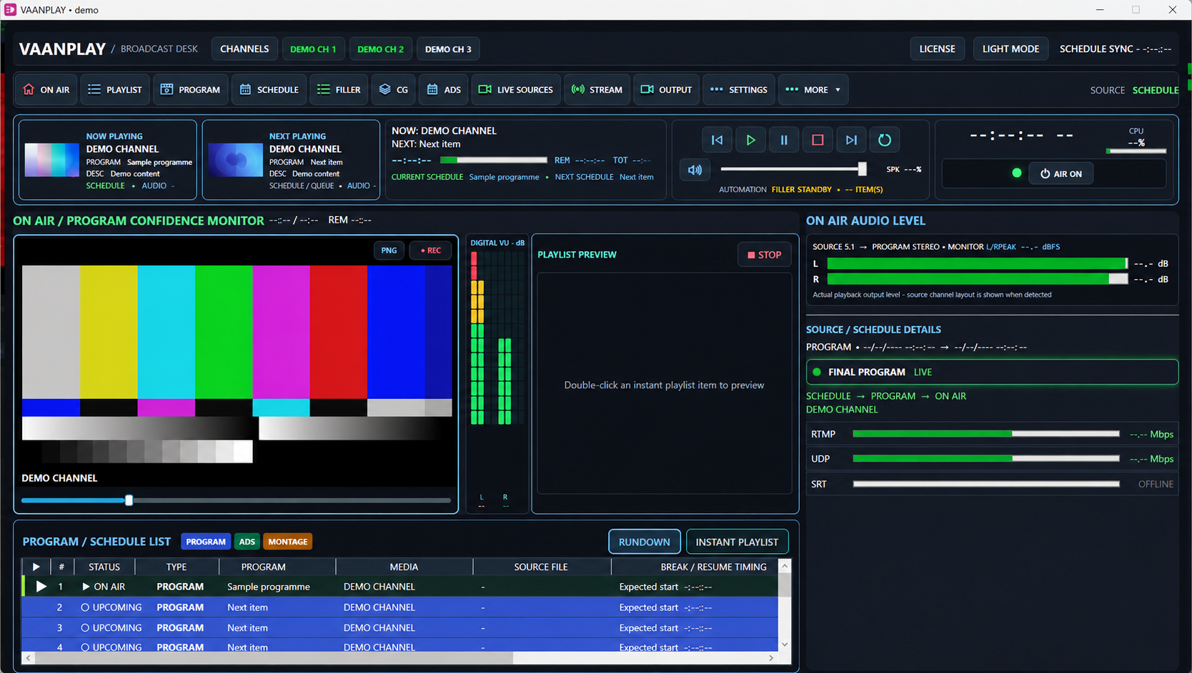 Redacted VaanPlay V223 operator interface showing the programme monitor, playlist, audio levels and output routes